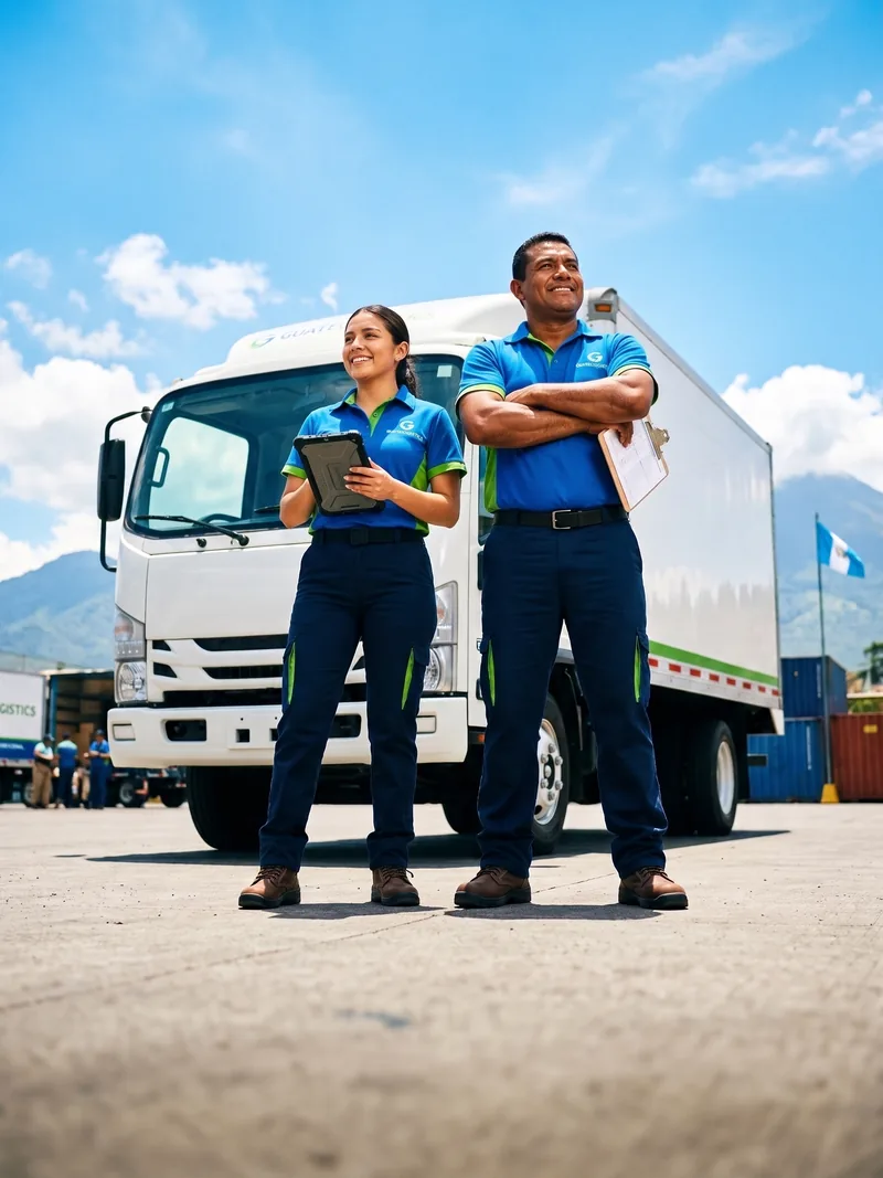 Equipo de reparto de GEM frente a camión de distribución en Guatemala