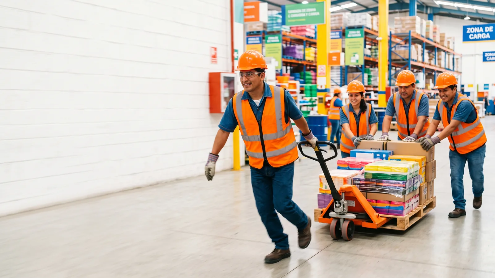 Equipo operativo de GEM movilizando producto en bodega