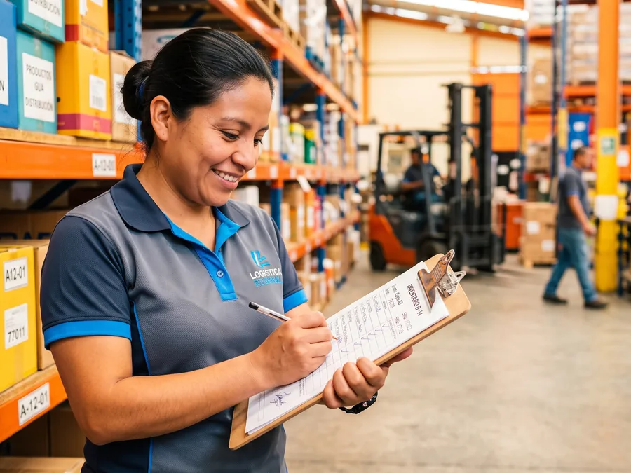 Colaboradora de bodega revisando inventario